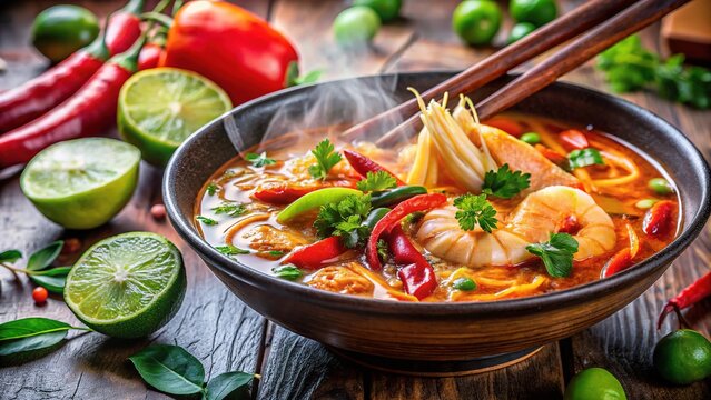 Close-up of vibrant Tom Yum noodles, a taste of Asia.
