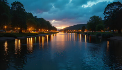 Fototapeta premium Serene river reflections at dusk, tranquil countryside ambiance