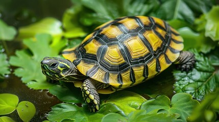 Obraz premium A vibrant turtle resting on lush green leaves in a serene aquatic environment