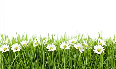 White daisies in green grass against a white background, ideal for spring themes