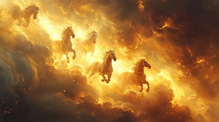 Elijah&rsquo;s chariot of fire ascending in a burst of divine light, flaming horses galloping through the sky, the swirling clouds glowing with warm golden hues,
