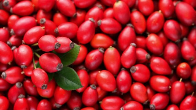 Close up panoramic view of rosehip berries. Rosa Canina berries. Dog rose plant. Red forest berries. Wild berries. Aramotherapeutic plants. Selective facus. 4k video