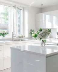 Minimalist white kitchen with an island counter, fresh flowers, and natural sunlight streaming through the windows