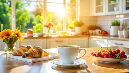 Breakfast macro: vibrant coffee, kitchen details.
