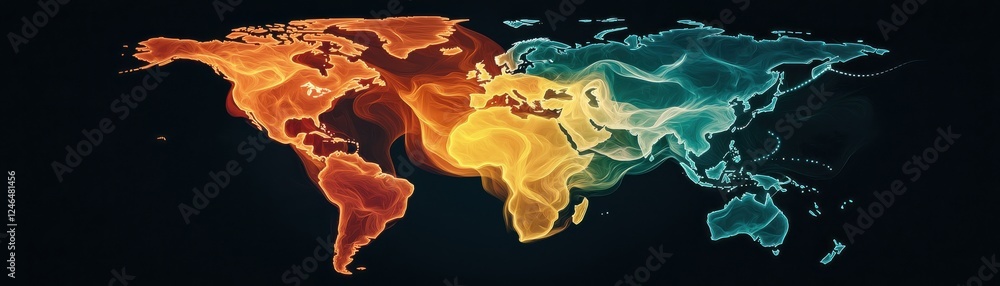 Poster a vibrant world map illustrating various geographical regions using a gradient of colors, highlighti