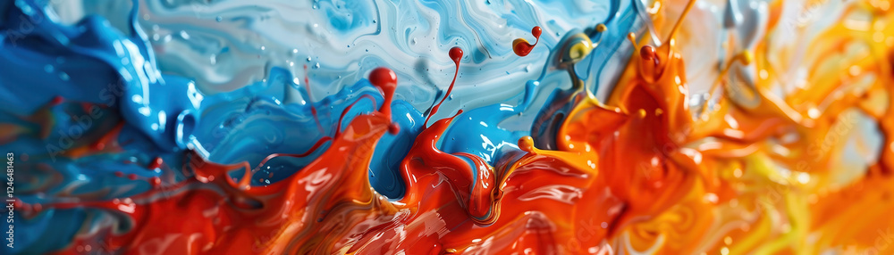 Poster spontaneity of artistic creation is illustrated through vibrant paint splash, forming abstract maste