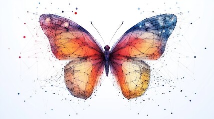 Abstract polygonal butterfly with colorful wings and connecting lines on white background.