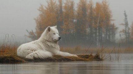 Obraz premium Serene white dog resting on a foggy lakeshore with autumn trees in the background