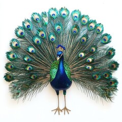 Obraz premium Iridescent peacock with shimmering feathers fanned out on a white background