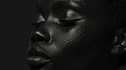 monochrome beauty portrait, bold composition, creative lighting, detailed textures, professional retouching, captivating focus
