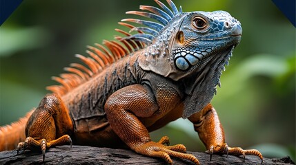 Obraz premium Vibrant blue and orange iguana perched on wood.
