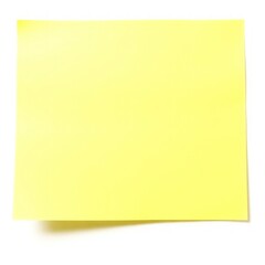 Yellow sticky note with a blank surface, ideal for writing reminders, messages, or short notes. The paper texture is smooth, making it easy to write on. Isolated on white background.