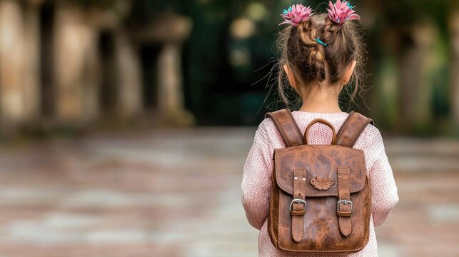 Girl with backpack, first day school, park