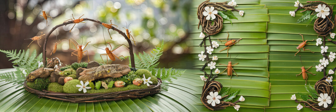 Whimsical Still Life Orange Katydids on Lush Greenery Floral Accents