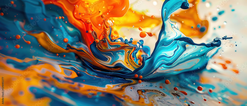 Poster vibrant abstract art depicting fluid dynamics and colorful paint splashes, showcasing beauty of chao