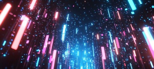 Abstract Futuristic Background with Neon Blue and Pink Light Streaks in a Dark Digital Space