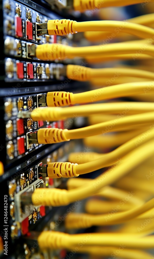 Aufkleber yellow network cables connected to server in data center for communication