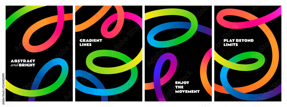 Poster Abstract Color Backgrounds with Gradient Lines. 3D Vector Rainbow Squiggle Ribbons. Wave Shape Graphic Elements. Geometric Patterns with Wavy Spirals. Black Posters Design with Neon Gradients