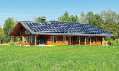 Obraz premium Wooden house with solar panels in a green field, showcasing sustainable living