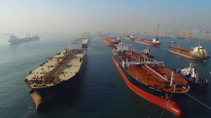 Aerial View of Oil Tankers at Busy Port with Pipelines Under Clear Sky