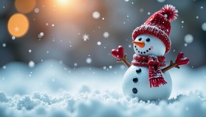 Fototapeta premium Snowman figurine on white background with snowflakes, frosty, art, snowman