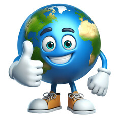 Happy cartoon earth giving thumbs up isolated on transparent background, png image 