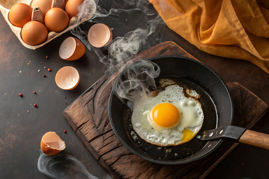Celebrating national egg day with a unique overhead perspective of cooking eggs on rustic background.