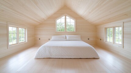 Cozy attic bedroom with wood walls, large bed, and windows