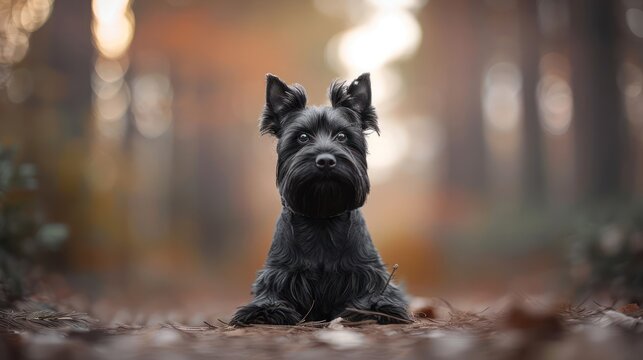 A black dog lying on a forest path surrounded by autumn foliage, showcasing serene nature