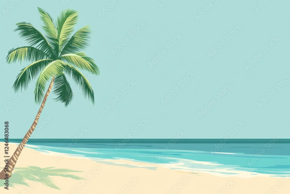 Poster relaxing tropical beach with coconut palm tree and turquoise water inviting a serene getaway experie