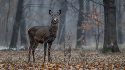 Majestic deer standing in a misty forest surrounded by autumn leaves and trees