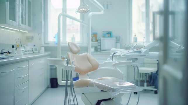 Inside a dental clinic, a sleek examination chair is positioned in front of advanced dental equipment.