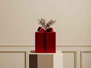  red gift box with a ribbon bow on a carpeted floor in front of a paneled wall. A dried plant is placed on top of the box.