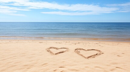Two Sandy Hearts on a Sunny Beach Seascape