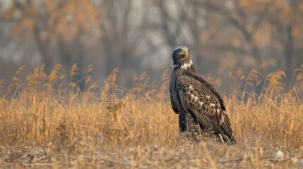 Fototapeta premium Majestic eagle stands in golden grassland, surrounded by blurred autumn foliage in background