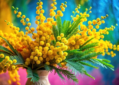 AI-generated mimosa bouquet, vivid background, documentary aesthetic.