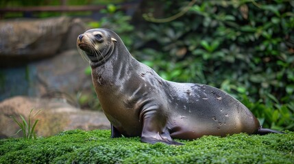 Fototapeta premium Sea lion resting on lush greenery with a natural habitat backdrop and blurred foliage