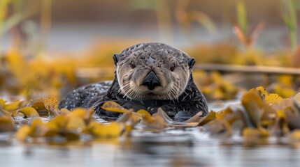 Fototapeta premium A sea otter floats serenely amidst vibrant kelp in a tranquil coastal environment