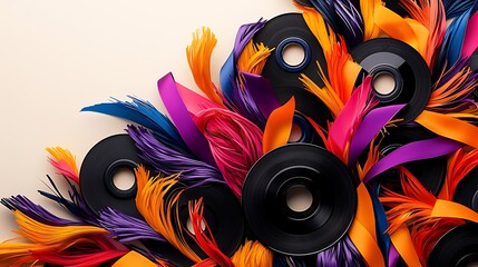 Obraz premium Colorful arrangement of vinyl records and vibrant feathers against a soft background