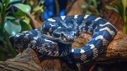 Naklejka premium Close-up of a black and white patterned snake resting on a branch surrounded by lush greenery