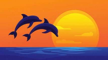Dolphins Jumping Playfully Against a Vibrant Sunset Over Calm Ocean Waters