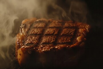 perfectly seared ribeye steak with crosshatch grill marks and aromatic smoke wisps, captured in dramatic chiaroscuro lighting