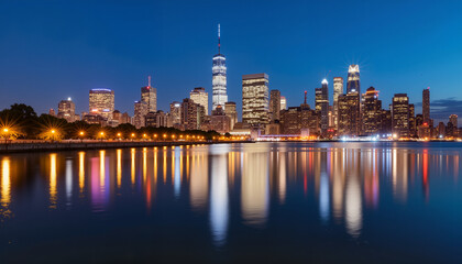 Obraz premium Vibrant city skyline reflecting in river at dusk, urban nightlife