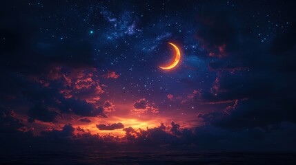 Crescent moon glowing amidst a starlit sky and dramatic cloudscape above the ocean