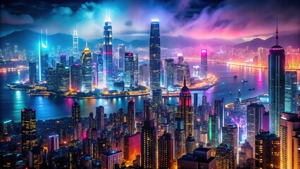 Obraz premium Abstract Hong Kong nightscapes, blending surreal and futuristic.