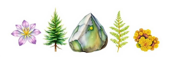 Naklejka premium Watercolor Botanical Illustration Flower Tree Rock Fern and Lichen Collection