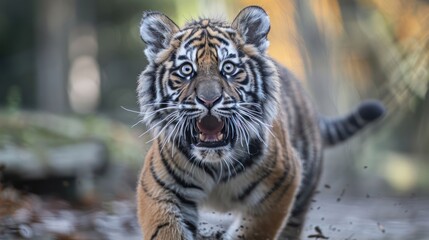 Fototapeta premium A fierce tiger charges forward through a blurred forest, showcasing its powerful presence and agility