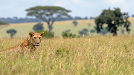 Fototapeta premium A lioness resting in tall grass on the savannah, with acacia trees in the background