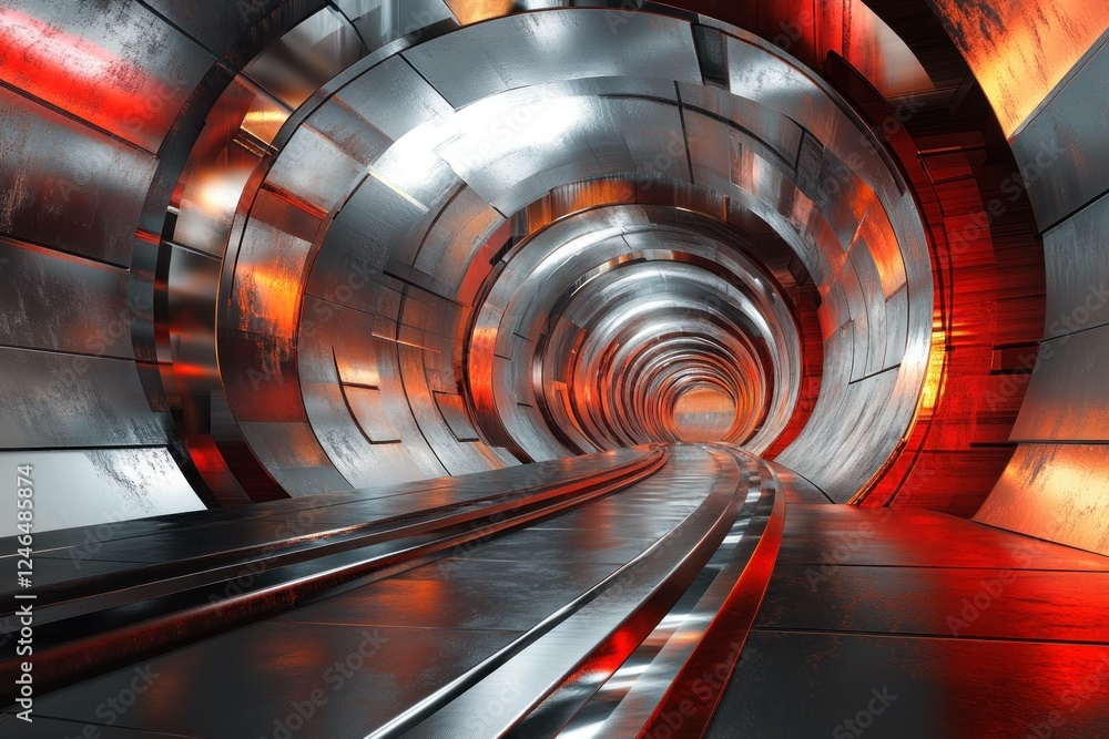 Poster abstract metallic tunnel with vibrant red and silver colors, creating a dynamic and futuristic atmos
