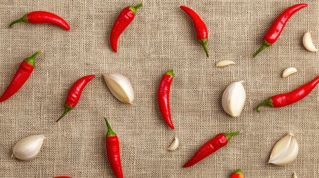 A close-up of garlic and chili peppers placed on rustic kitchen linen.
